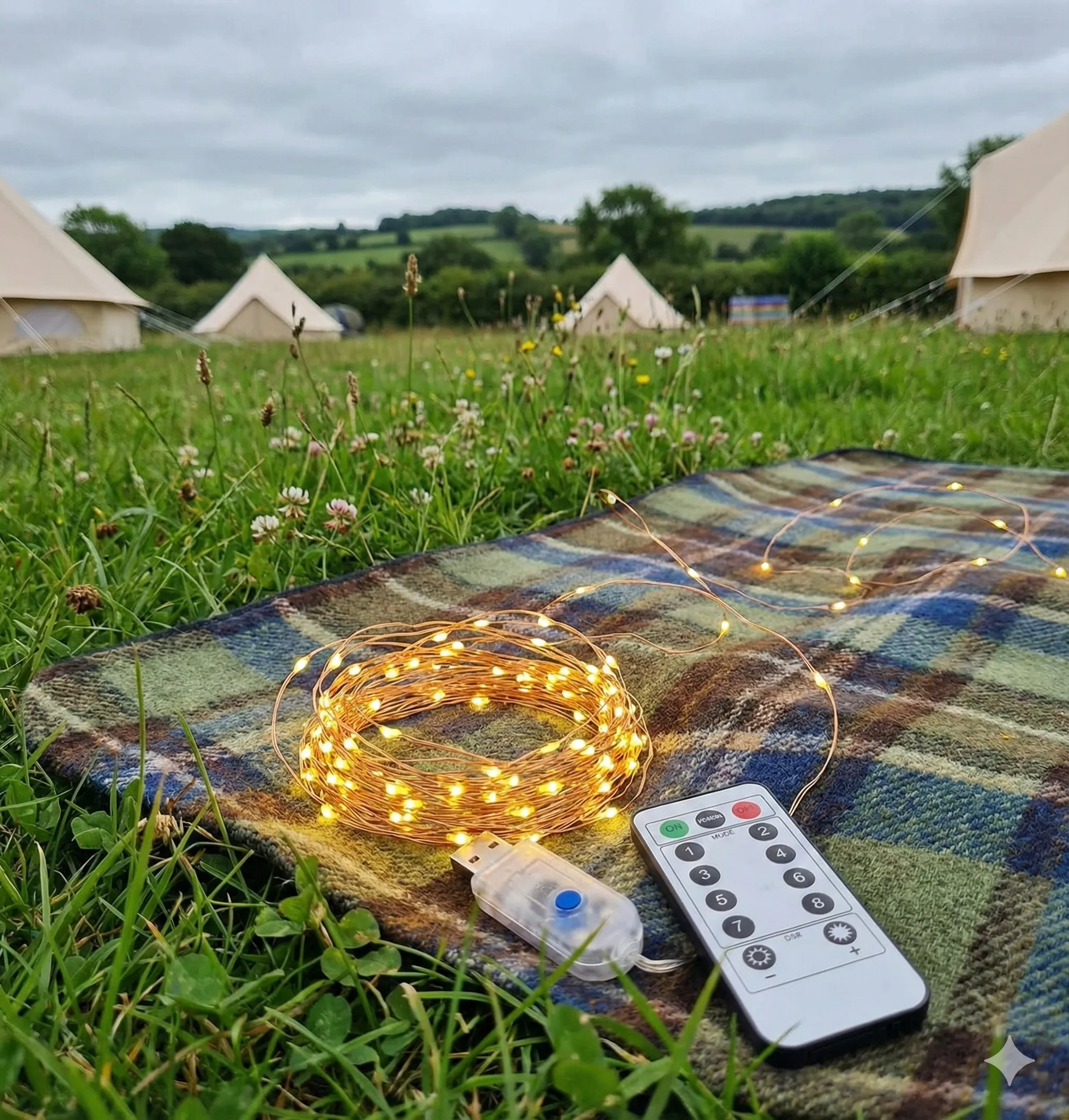 A coil of USB powered copper wire string lights.